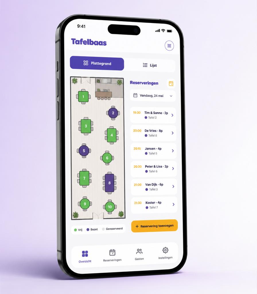 Tafelbaas op een smartphone met plattegrond en reserveringen